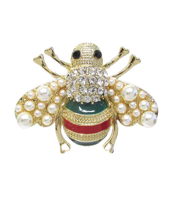 CRYSTAL AND PEARL BEE PIN OR BROOCH