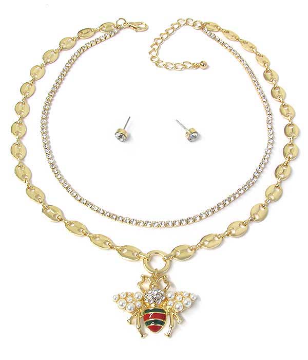 Crystal and pearl bee double layer chain necklace set