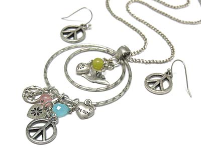 Peace theme dual round peandan and beds and stond dangle neckale and earring set