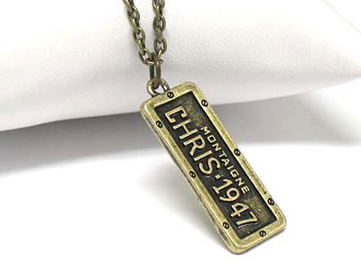 Antique style number plate pendant necklace