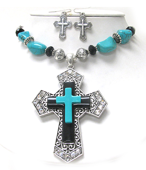 Triple layer turquoise onyx deco crystal cross pendant necklace earring set
