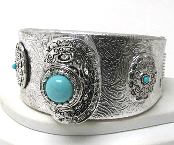 Turquoise stone and metal filigree hinge bangle