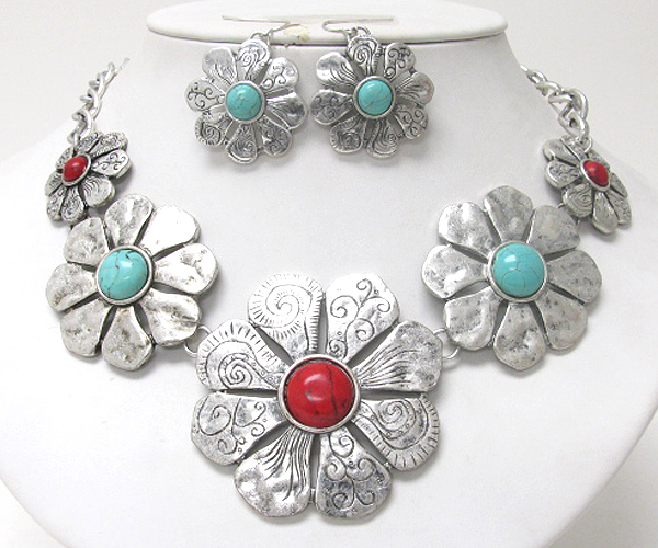 Five gradual turquoise stone deco metal flower link necklace earring set