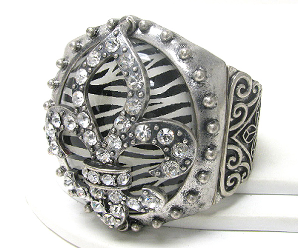 Retro vintage crystal fleur de lis on zebra stone stretch bracelet