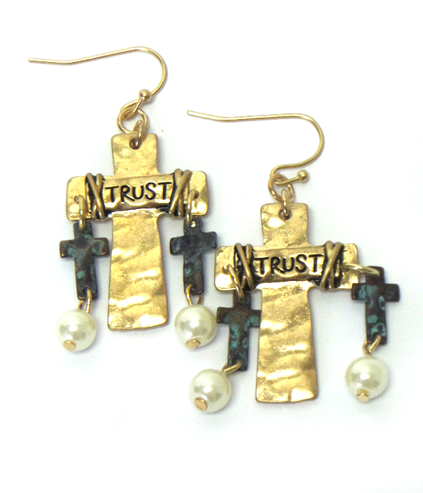 Handmade trust cross fish hook earrings