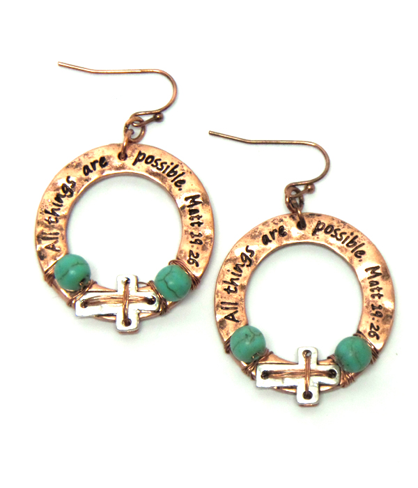 Prayer message drop fish hook earrings