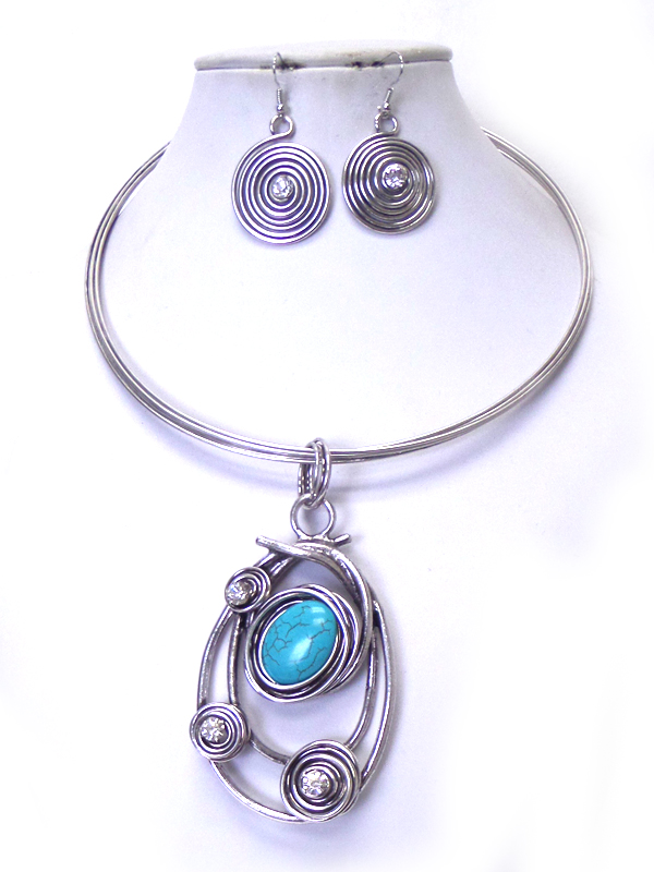 Wire art with turquoise stone center  choker necklace set