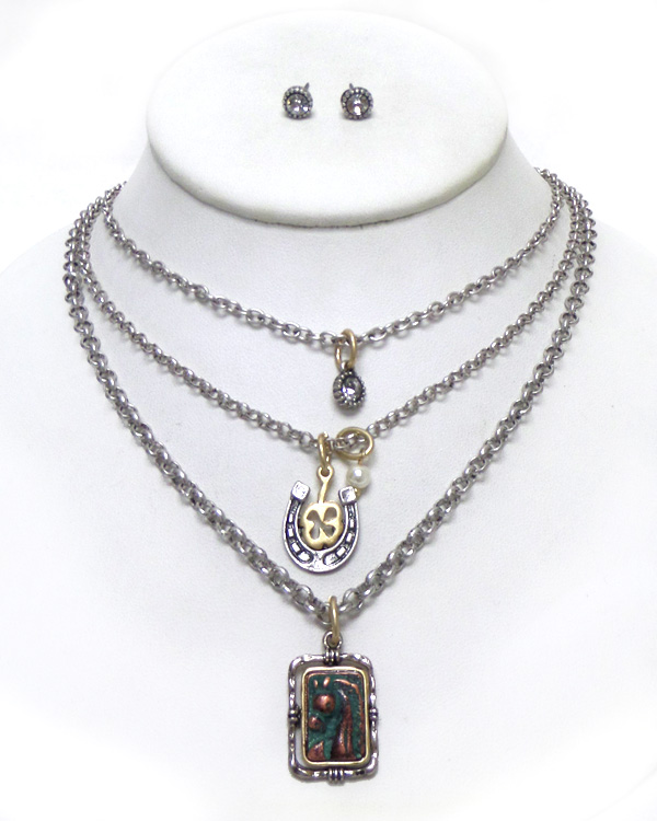 Three layer chain western horse charm necklace set