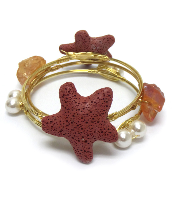 PEARLS STONES AND STARFISH SET OF THREE BANGLE BRACELETS 