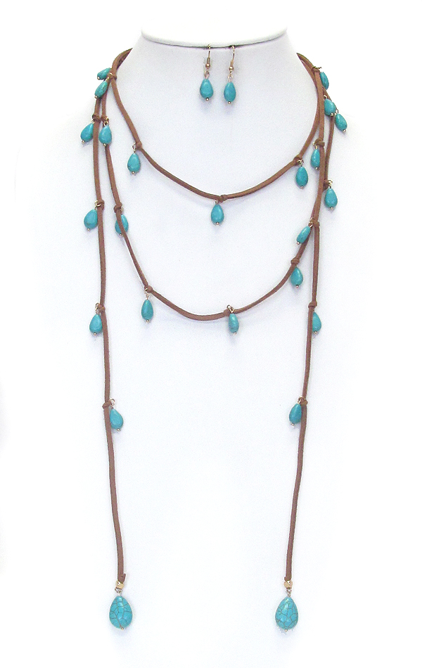 Multi stone dangle suede free style long necklace or choker