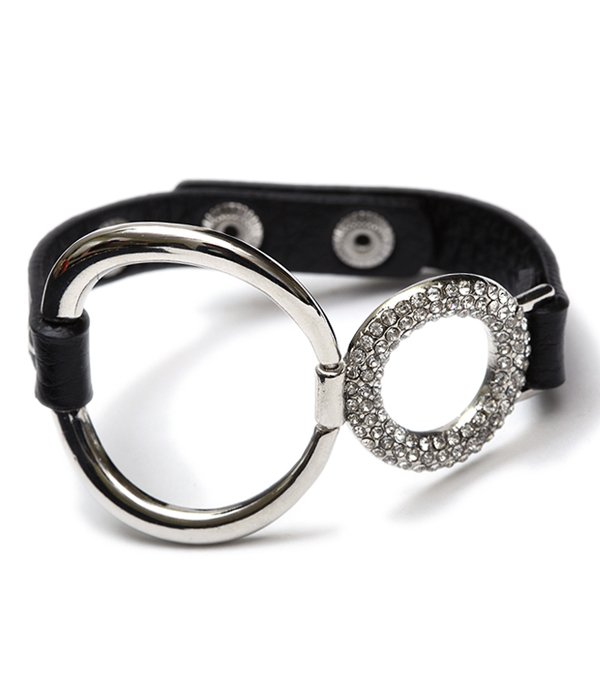 Crystal double ring leather bracelet