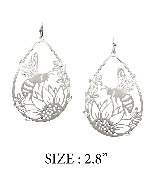 GARDEN THEME METAL TEARDROP EARRING - BEE AND SUNFLOWER