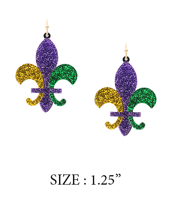 MARDI GRAS THEME GLITTER EARRING - FLEUR DE LIS