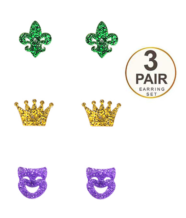 MARDI GRAS THEME 3 PAIR EARRING SET