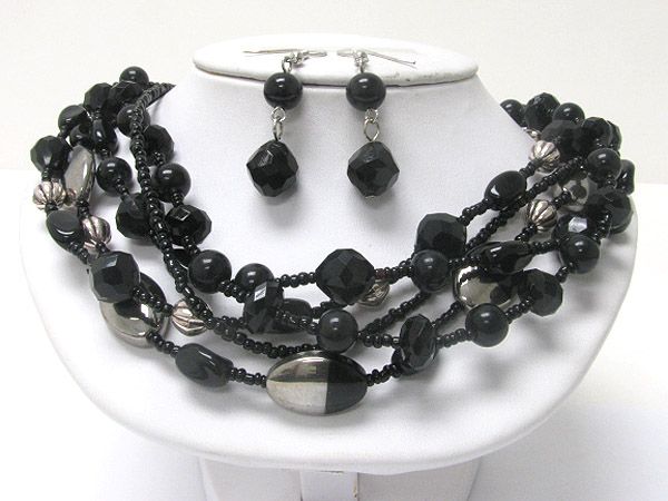 5 row glass faceted pearl bead necklace earring set