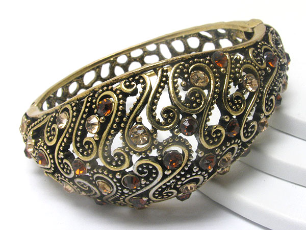 Crystal stud metal filigree hinge bangle
