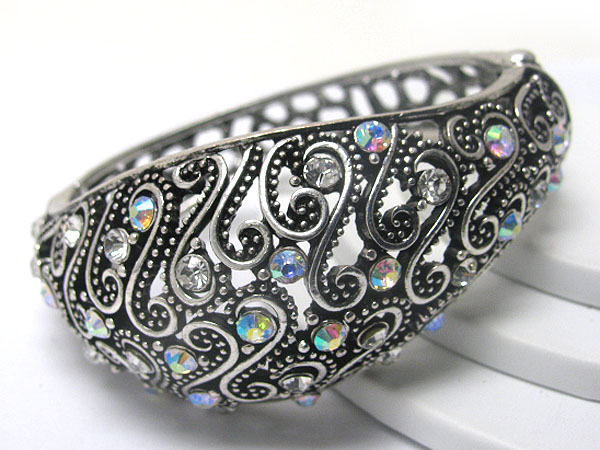 Crystal stud metal filigree hinge bangle
