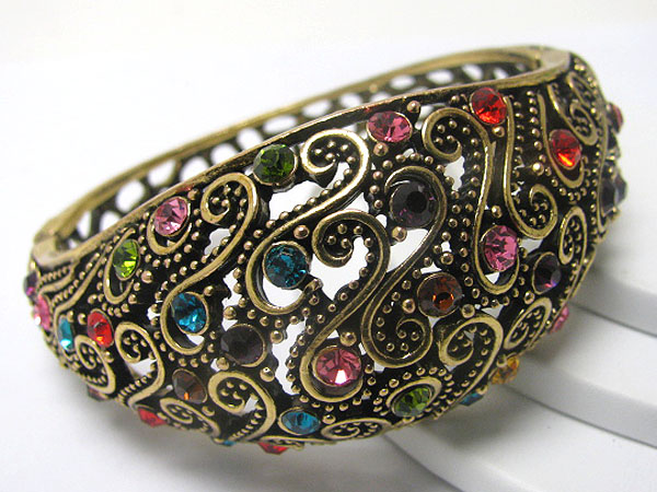 Crystal stud metal filigree hinge bangle 