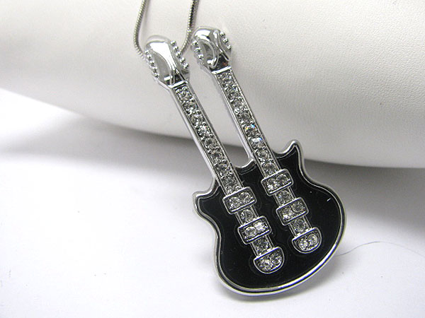 Made in korea whitegold plating crystal and onyx acryl deco double neck guitar pendant necklace