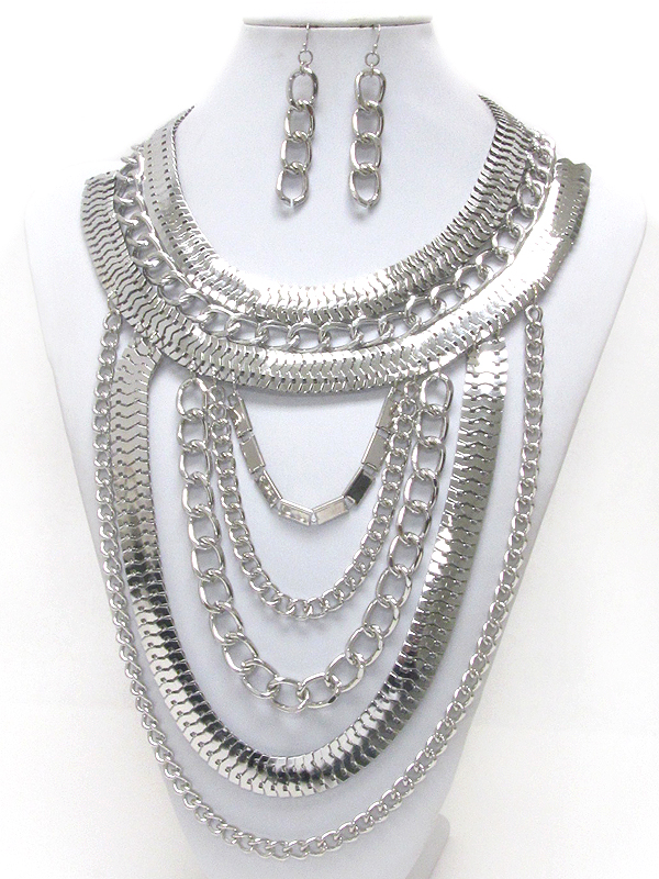 Multi flat snake and thick chain mix drop statement necklace earring set