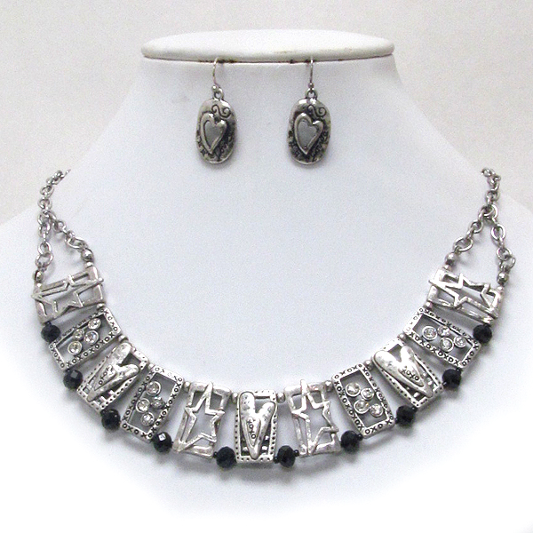 Metal filigree multi heart and star link necklace earring set
