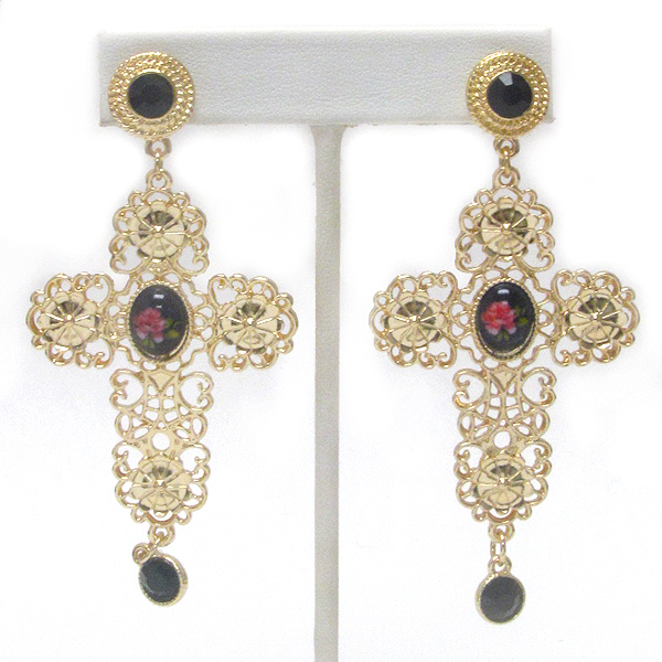Rose print stone center metal filigree cross earring