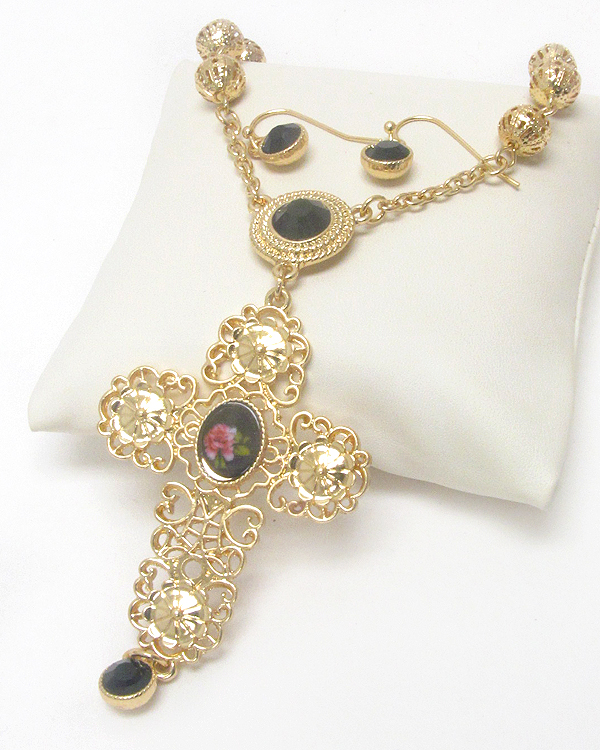 Rose print stone center metal filigree cross pendant necklace earring set