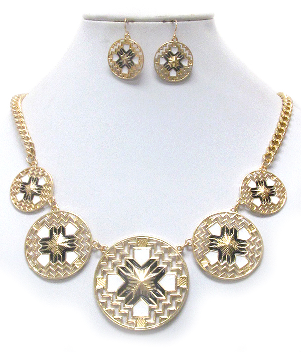 Epoxy cross on textured multi disk link necklace earring set