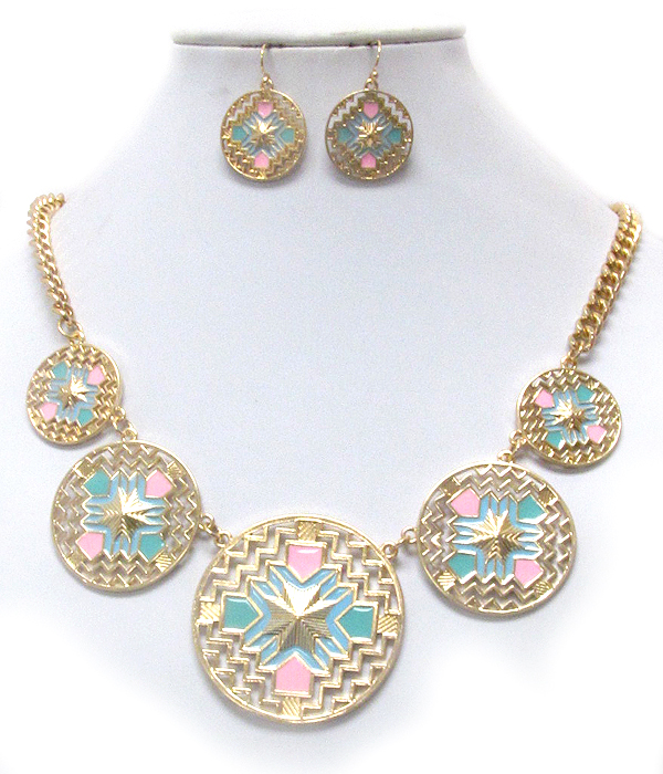 Epoxy cross on textured multi disk link necklace earring set