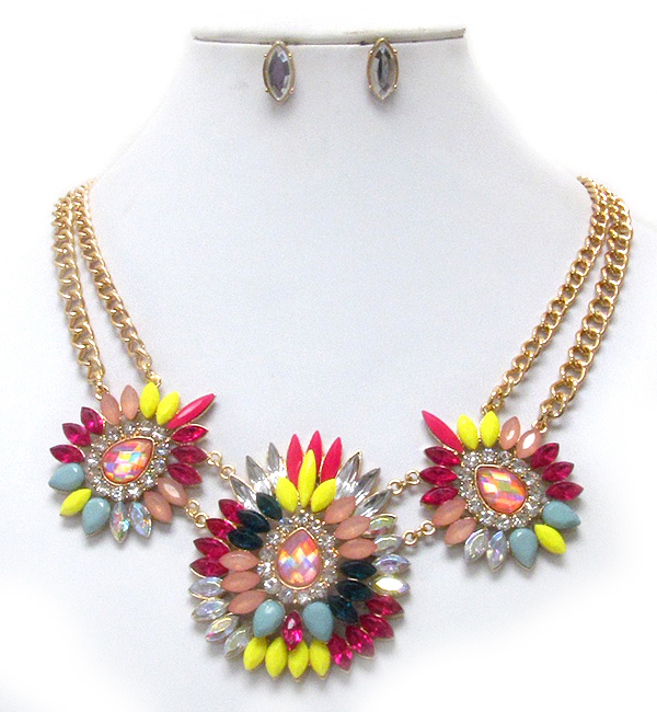 Crystal and facet acrylic stone deco triple flower link shourouk style necklace earring set