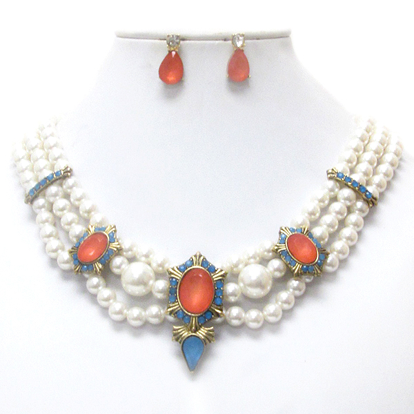 Puffy acrylic stone and triple pearl chain necklace earring set