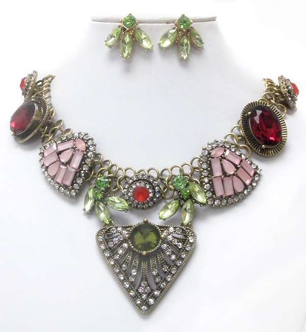 Luxury line multi crystal and facet stone deco boutique style necklace earring set