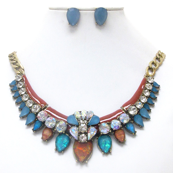 Luxury line multi crystal and facet stone drop boutique style necklace earring set