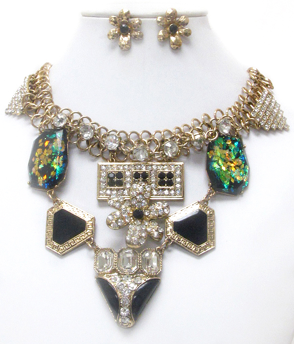 Luxury line multi crystal and epoxy deco boutique style statement necklace earring set