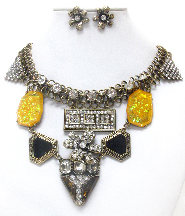 Luxury line multi crystal and epoxy deco boutique style statement necklace earring set