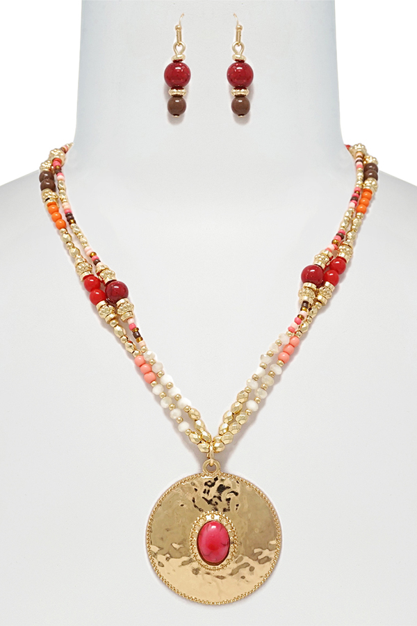 Multi bead mix double layer disc pendant necklace set