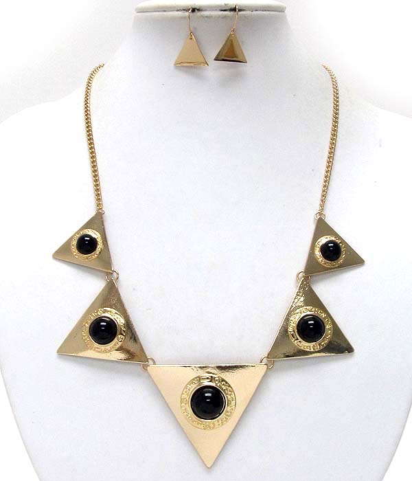 Five acryl balls on metal triangle patern drop chain necklace earring set