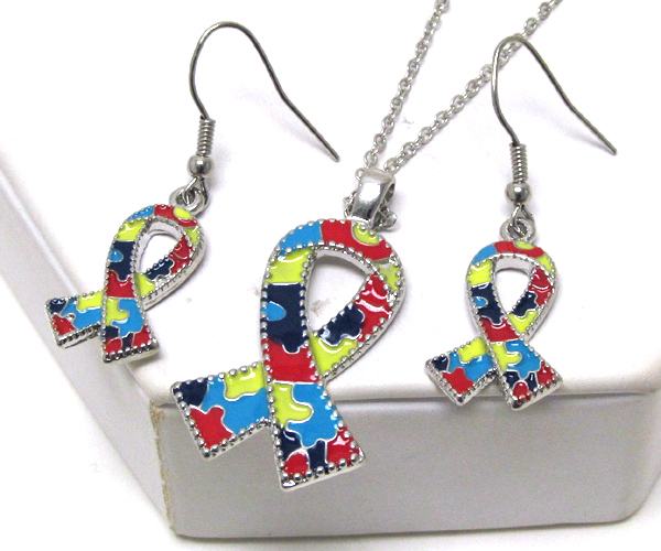 Autism awareness ribbon pendant necklace earring set