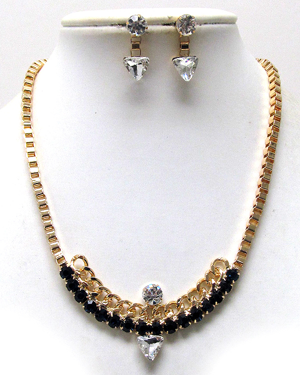CRYSTAL LINE AND CHAIN PATTERN WITH TRIANGLE CRYSTAL GLASS ON CENTER DROP CHAIN BOX NECKLACE EARRING SET