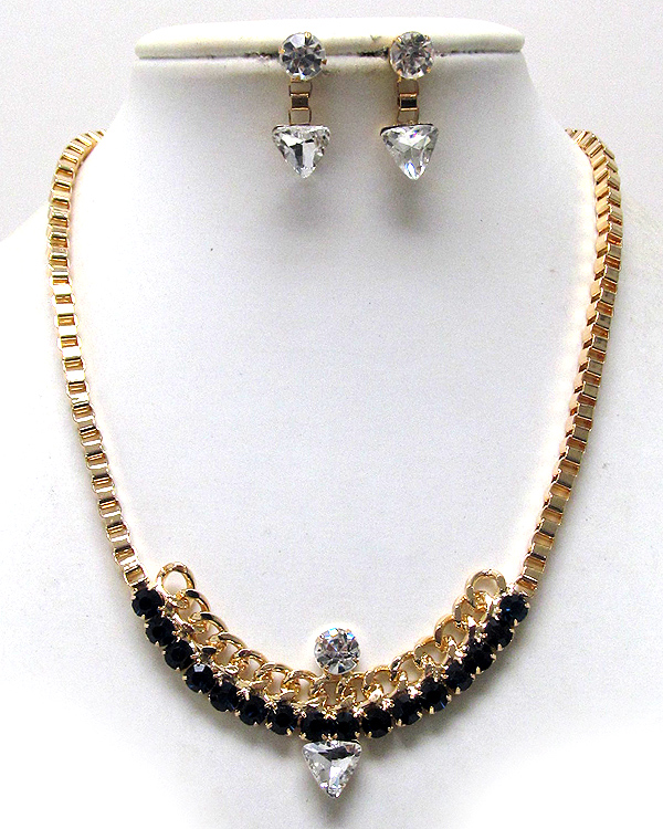 Crystal line and chain pattern with triangle crystal glass on center drop chain box necklace earring set