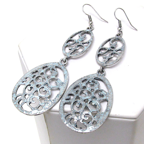 Patina metal textered two oval drop earring
