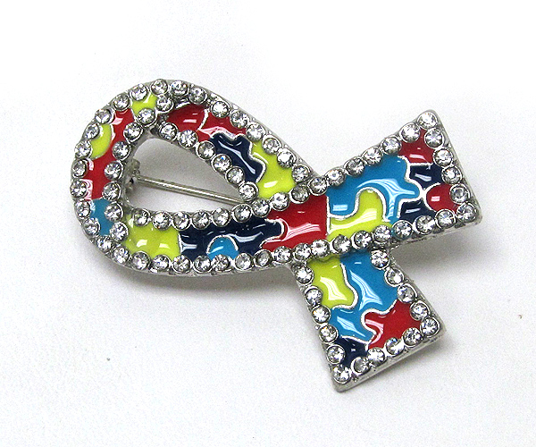Crystal epoxy autism awareness ribbon brooch or pin