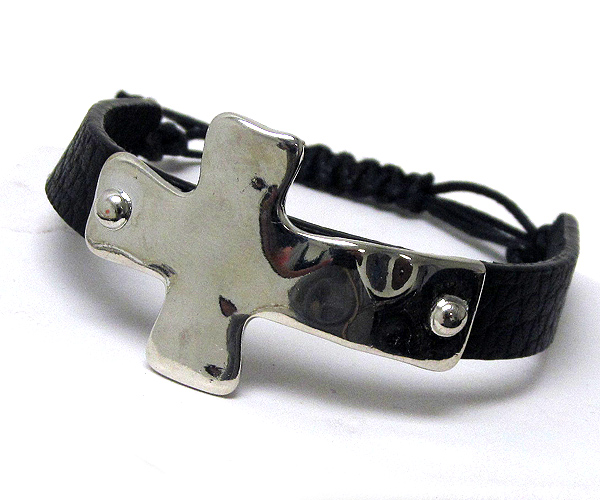 Metal hammered cross with leather band cord bracelet