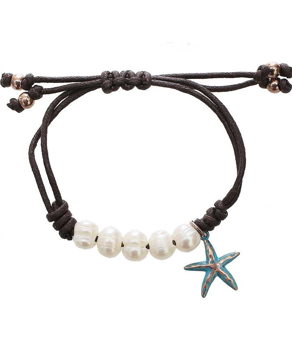 Freshwater pearl and starfish charm pull tie bracelet