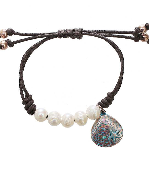 Freshwater pearl and shell charm pull tie bracelet