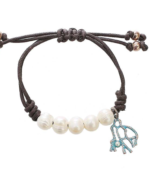 Freshwater pearl and coral charm pull tie bracelet