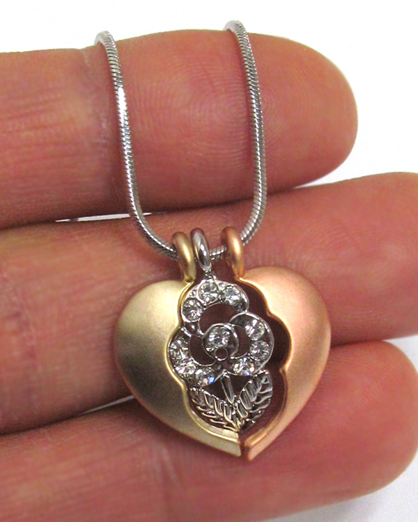 Made in korea whitegold plating crystal flower heart triple pendant necklace -valentine