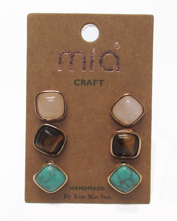 Mixed genuine stone three pair earring set