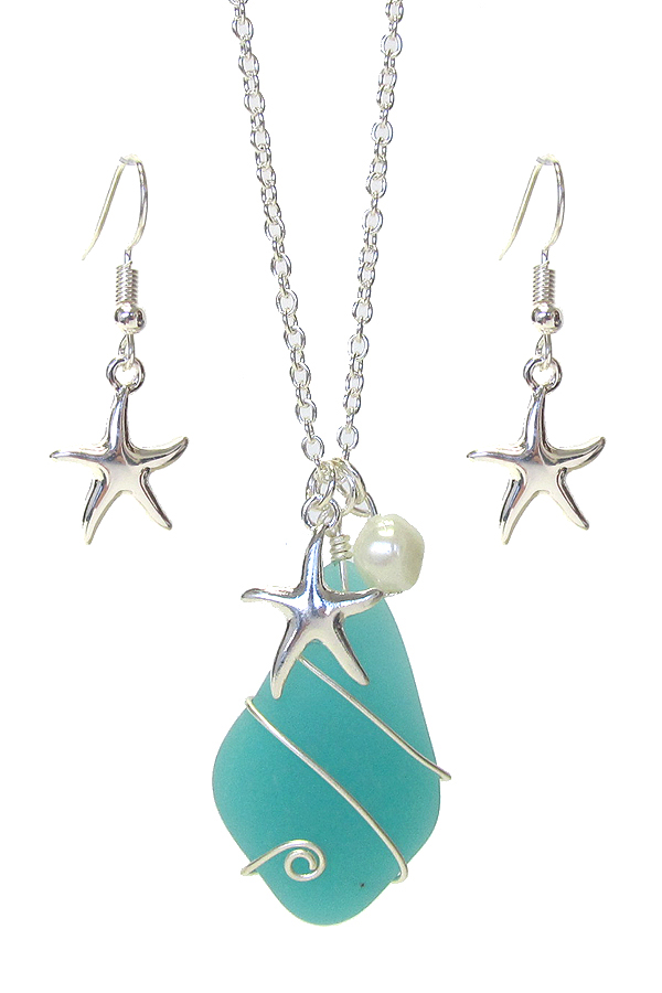 Wire wrap sea glass and pearl pendant necklace set - starfish