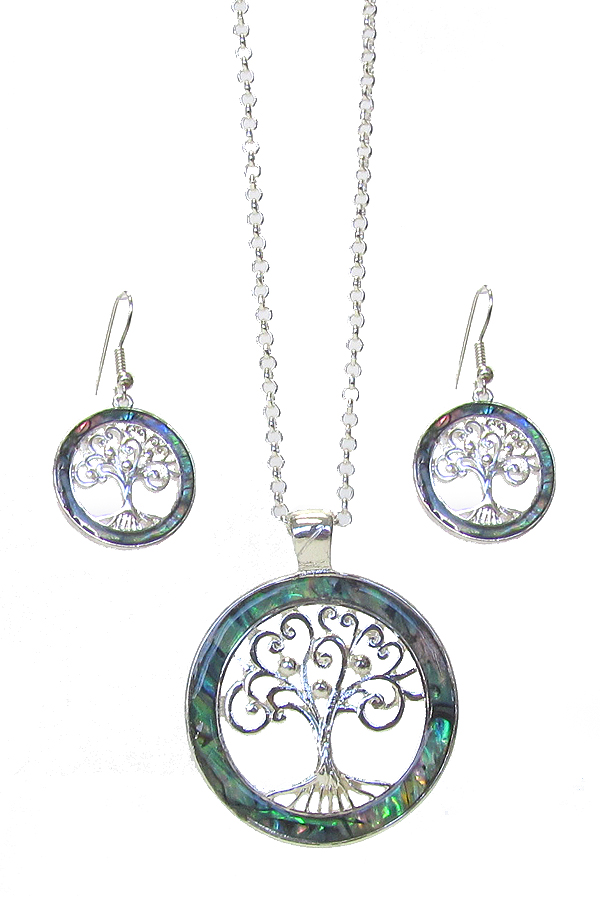 Abalone tree of life disc pendant necklace set